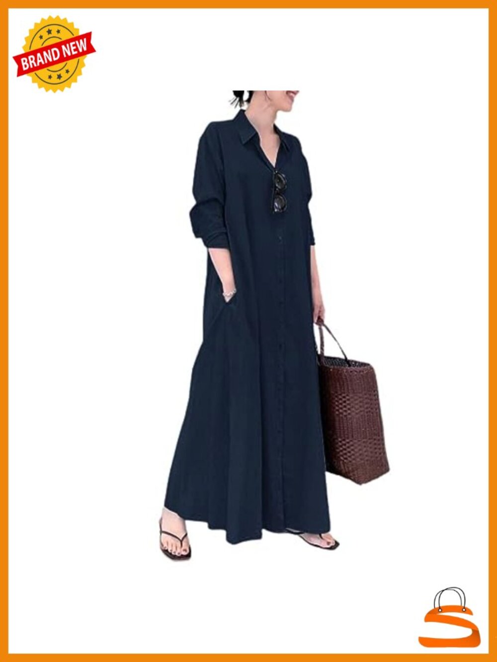Women's Loose Fit Long Sleeve Button Up Maxi Shirt Dress with Pockets